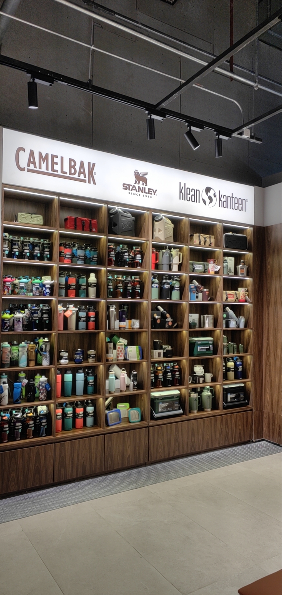 Camelbak · Stanley · Klean Kanteen brand wall inside a specialty outdoor store in China