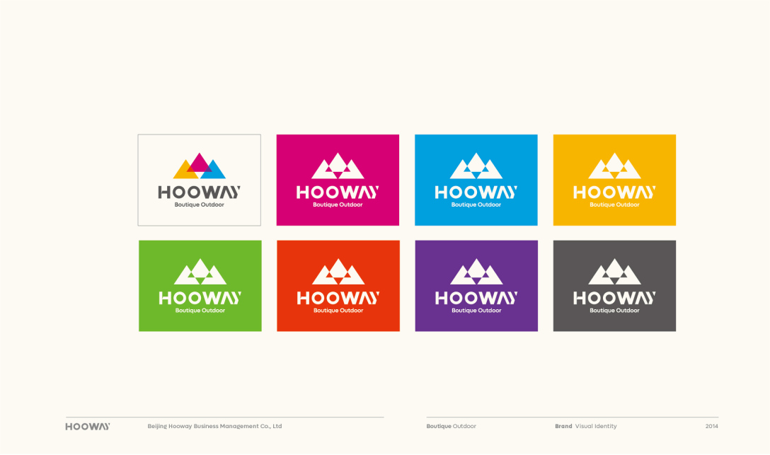 Eight color variations of the HOOWAY logo on white, magenta, blue, yellow, green, orange, purple, and dark gray backgrounds