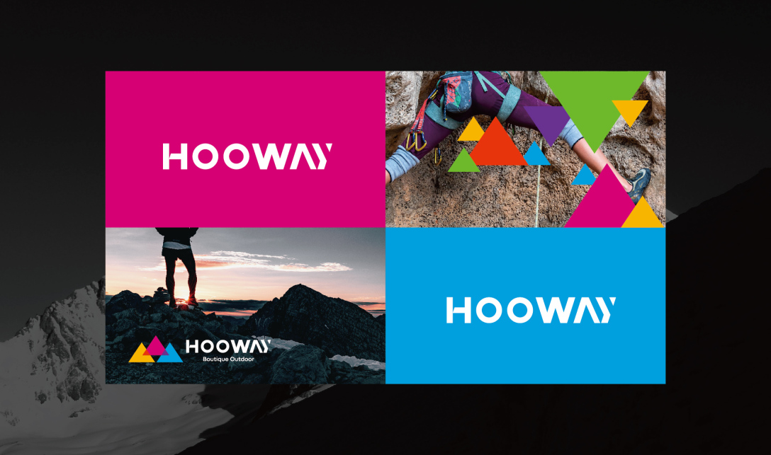HOOWAY brand applications — wordmark on magenta, lifestyle photography, climbing lifestyle, and reverse on blue